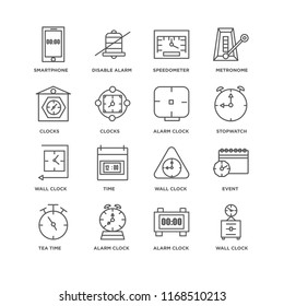 Set Of 16 simple line icons such as Wall clock, Alarm Tea time, Event, Smartphone, Clocks, editable stroke icon pack, pixel perfect