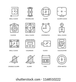 Set Of 16 simple line icons such as Stop watch, Time, Alarm, Disable alarm, Calculator, Wall clock, Clocks, Stopwatch, editable stroke icon pack, pixel perfect