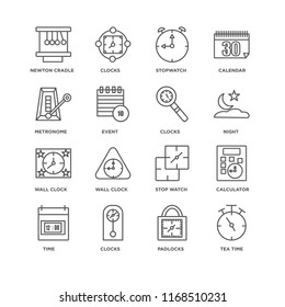 Set Of 16 simple line icons such as Tea time, Padlocks, Clocks, Time, Calculator, Newton cradle, Metronome, Wall clock, editable stroke icon pack, pixel perfect