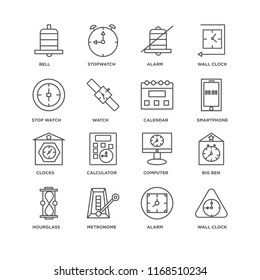Set Of 16 simple line icons such as Wall clock, Alarm, Metronome, Hourglass, Big ben, Bell, Stop watch, Clocks, Calendar, editable stroke icon pack, pixel perfect
