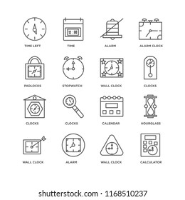 Set Of 16 simple line icons such as Calculator, Wall clock, Alarm, Hourglass, Time left, Padlocks, Clocks, editable stroke icon pack, pixel perfect