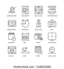 Set Of 16 simple line icons such as Wall clock, Event, Night, Clocks, Alarm Disable alarm, Speedometer, Add event, editable stroke icon pack, pixel perfect