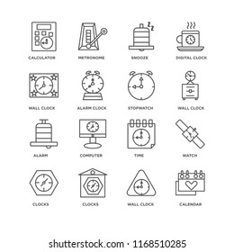 Set Of 16 simple line icons such as Calendar, Wall clock, Clocks, Watch, Calculator, Alarm, Stopwatch, editable stroke icon pack, pixel perfect