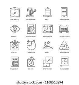 Set Of 16 simple line icons such as Wall clock, Stop watch, Big ben, Calendar, World, Clocks, editable stroke icon pack, pixel perfect