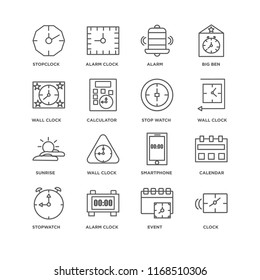 Set Of 16 simple line icons such as Clock, Event, Alarm clock, Stopwatch, Calendar, Stopclock, Wall Sunrise, Stop watch, editable stroke icon pack, pixel perfect