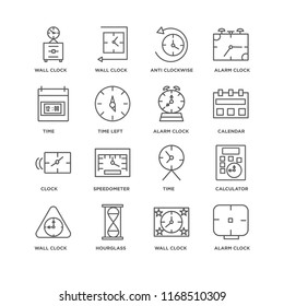 Set Of 16 simple line icons such as Alarm clock, Wall Hourglass, Calculator, Time, Clock, editable stroke icon pack, pixel perfect