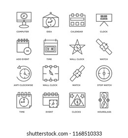 Set Of 16 simple line icons such as Hourglass, Clocks, Event, Time, Stop watch, Computer, Add event, Anti clockwise, Wall clock, editable stroke icon pack, pixel perfect