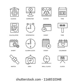 Set Of 16 simple line icons such as Clock, Wall clock, Idea, Watch, Calendar, Clocks, Calculator, Event, editable stroke icon pack, pixel perfect