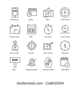 Set Of 16 simple line icons such as Add event, Kitchen timer, Disable alarm, Time, Time left, Stopwatch, Alarm clock, Wall Tea time, editable stroke icon pack, pixel perfect