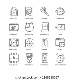 Set Of 16 simple line icons such as Anti clockwise, Hourglass, Piggybank, Wall clock, Event, Padlocks, Calendar, editable stroke icon pack, pixel perfect