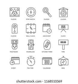 Set Of 16 simple line icons such as Idea, Calendar, Tea time, Event, Time, Clocks, Piggybank, Add event, editable stroke icon pack, pixel perfect