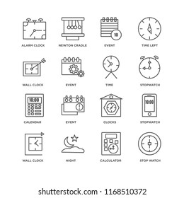 Set Of 16 simple line icons such as Stop watch, Calculator, Night, Wall clock, Stopwatch, Alarm Calendar, Time, editable stroke icon pack, pixel perfect