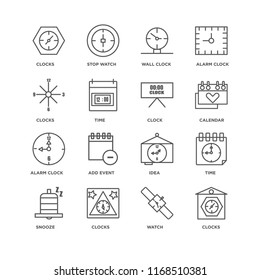 Set Of 16 simple line icons such as Clocks, Watch, Snooze, Time, Alarm clock, Clock, editable stroke icon pack, pixel perfect