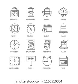 Set Of 16 simple line icons such as Time, Stopwatch, Alarm clock, Alarm, Padlocks, Stopclock, Event, editable stroke icon pack, pixel perfect