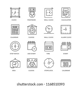 Set Of 16 simple line icons such as Calendar, Stopclock, Clocks, Idea, Event, Clock, Stop watch, Wall clock, editable stroke icon pack, pixel perfect