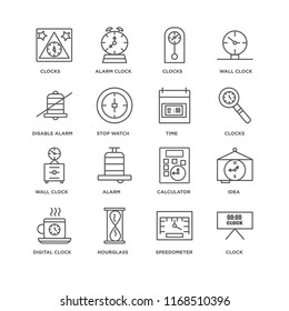 Set Of 16 simple line icons such as Clock, Speedometer, Hourglass, Digital clock, Idea, Clocks, Disable alarm, Wall Time, editable stroke icon pack, pixel perfect