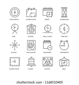 Set Of 16 simple line icons such as Idea, Clocks, Alarm, Alarm clock, Stopwatch, Stop watch, Time, Wall editable stroke icon pack, pixel perfect