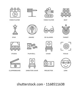 Set Of 16 simple line icons such as Lens, Projector, Director chair, Clapperboard, Focus, Video player, Star, Studio, 3d glasses, editable stroke icon pack, pixel perfect