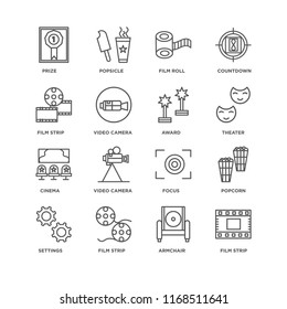 Set Of 16 simple line icons such as Film strip, Armchair, Settings, Popcorn, Prize, Cinema, Award, editable stroke icon pack, pixel perfect