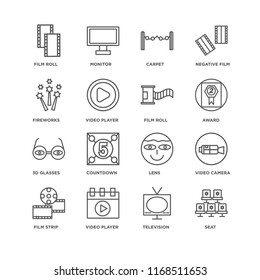 Set Of 16 simple line icons such as Seat, Television, Video player, Film strip, camera, roll, Fireworks, 3d glasses, editable stroke icon pack, pixel perfect