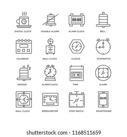 Set Of 16 simple line icons such as Smartphone, Stop watch, Speedometer, Wall clock, Alarm, Digital Calendar, Snooze, Clocks, editable stroke icon pack, pixel perfect