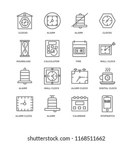 Set Of 16 simple line icons such as Stopwatch, Calendar, Alarm, Alarm clock, Digital Clocks, Hourglass, Time, editable stroke icon pack, pixel perfect