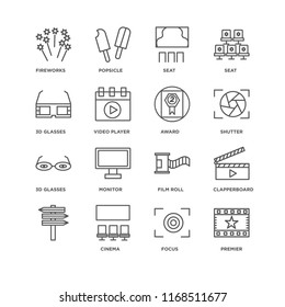 Set Of 16 simple line icons such as Premier, Focus, Cinema, , Clapperboard, Fireworks, 3d glasses, Award, editable stroke icon pack, pixel perfect