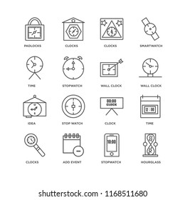 Set Of 16 simple line icons such as Hourglass, Stopwatch, Add event, Clocks, Time, Padlocks, Idea, Wall clock, editable stroke icon pack, pixel perfect