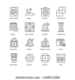 Set Of 16 simple line icons such as Time, Alarm, Clocks, Piggybank, Event, Calculator, Padlocks, Snooze, editable stroke icon pack, pixel perfect