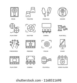 Set Of 16 simple line icons such as Video player, Film roll, Cinema, strip, Chair, Prize, Fireworks, editable stroke icon pack, pixel perfect