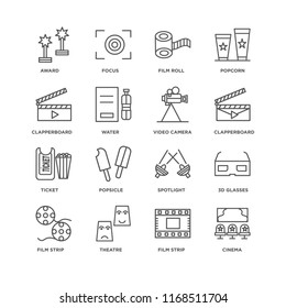 Set Of 16 simple line icons such as Cinema, Film strip, Theatre, 3d glasses, Award, Clapperboard, Ticket, Video camera, editable stroke icon pack, pixel perfect