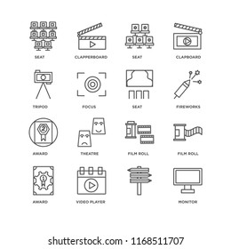 Set Of 16 simple line icons such as Monitor, , Video player, Award, Film roll, Seat, Tripod, editable stroke icon pack, pixel perfect