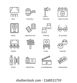 Set Of 16 simple line icons such as Megaphone, Clapperboard, Projector, Ticket, Theatre, Seat, Prize, Cinema, editable stroke icon pack, pixel perfect