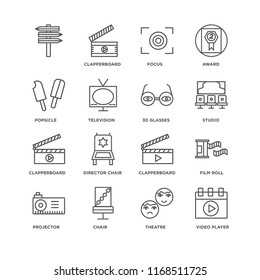 Set Of 16 simple line icons such as Video player, Theatre, Chair, Projector, Film roll, , Popsicle, Clapperboard, 3d glasses, editable stroke icon pack, pixel perfect