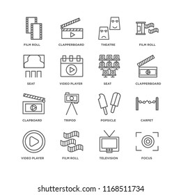 Set Of 16 simple line icons such as Focus, Television, Film roll, Video player, carpet, Seat, Clapboard, editable stroke icon pack, pixel perfect