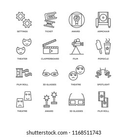 Set Of 16 simple line icons such as Film roll, 3d glasses, Award, Theatre, Spotlight, Settings, Theater, Film, editable stroke icon pack, pixel perfect