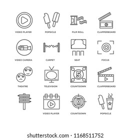 Set Of 16 simple line icons such as Popsicle, Countdown, Video player, , Clapperboard, camera, Theatre, Seat, editable stroke icon pack, pixel perfect