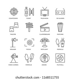 Set Of 16 simple line icons such as Film roll, Award, Popsicle, Video camera, Countdown, Theatre, Speaker, Clapperboard, editable stroke icon pack, pixel perfect