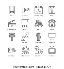 Set Of 16 simple line icons such as Television, Film strip, Video player, roll, Monitor, Seat, Clapperboard, , editable stroke icon pack, pixel perfect