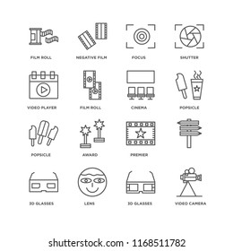 Set Of 16 simple line icons such as Video camera, 3d glasses, Lens, , Film roll, player, Popsicle, Cinema, editable stroke icon pack, pixel perfect