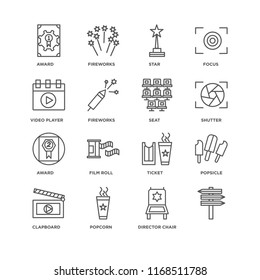Set Of 16 simple line icons such as, Director chair, Popcorn, Clapboard, Popsicle, Award, Video player, Seat, editable stroke icon pack, pixel perfect