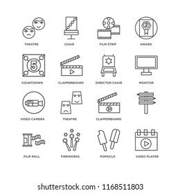 Set Of 16 simple line icons such as Video player, Popsicle, Fireworks, Film roll, , Theatre, Countdown, camera, Director chair, editable stroke icon pack, pixel perfect