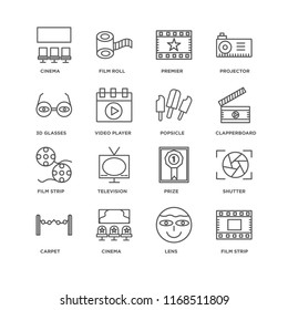 Set Of 16 simple line icons such as Film strip, Lens, Cinema, carpet, Shutter, 3d glasses, Popsicle, editable stroke icon pack, pixel perfect