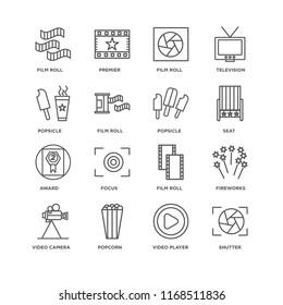 Set Of 16 simple line icons such as Shutter, Video player, Popcorn, camera, Fireworks, Film roll, Popsicle, Award, editable stroke icon pack, pixel perfect