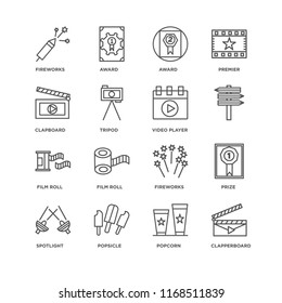 Set Of 16 simple line icons such as Clapperboard, Popcorn, Popsicle, Spotlight, Prize, Fireworks, Clapboard, Film roll, Video player, editable stroke icon pack, pixel perfect