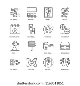 Set Of 16 simple line icons such as Fireworks, Award, Shutter, Film roll, 3d glasses, Video player, Film, Popsicle, editable stroke icon pack, pixel perfect
