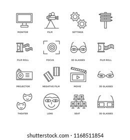 Set Of 16 simple line icons such as 3d glasses, Seat, Lens, Theater, Monitor, Film roll, Projector, editable stroke icon pack, pixel perfect