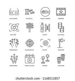 Set Of 16 simple line icons such as Popcorn, Award, Video player, Fireworks, Speaker, 3d glasses, Shutter, Ticket, editable stroke icon pack, pixel perfect