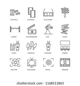Set Of 16 simple line icons such as Premier, Focus, Television, Shutter, Cinema, Film roll, carpet, Ticket, Film, editable stroke icon pack, pixel perfect
