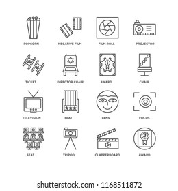 Set Of 16 simple line icons such as Award, Clapperboard, Tripod, Seat, Focus, Popcorn, Ticket, Television, editable stroke icon pack, pixel perfect